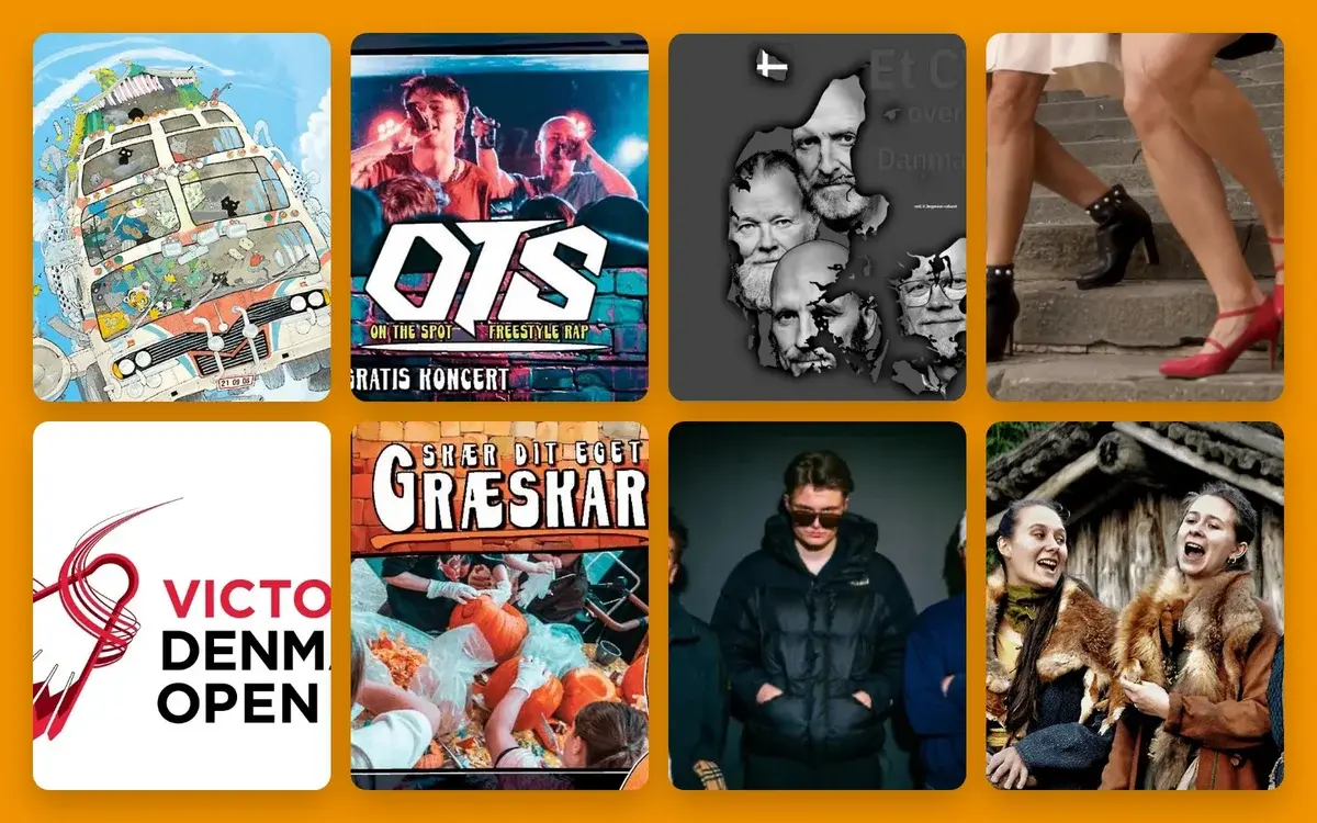 A collage of posters, fashion, and event images on an orange background.