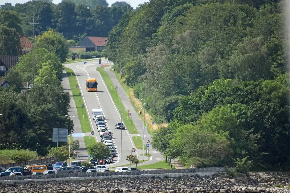 A road in Fynshav with parked cars, a bus, and dense green trees near the waterfront.