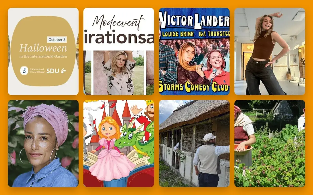 A collage of posters, portraits, and outdoor scenes.