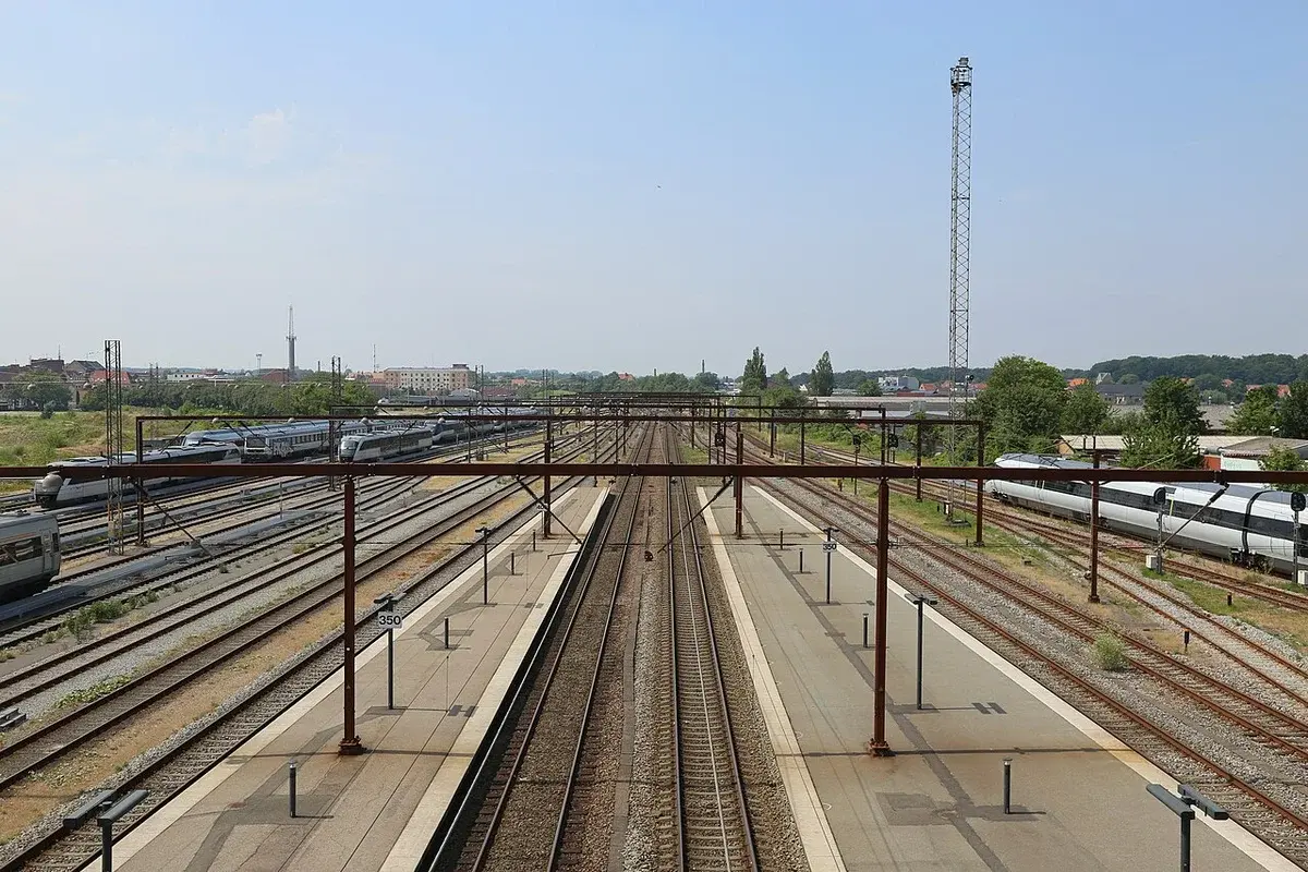 Wide view of railway tracks and platforms at Odense Station.