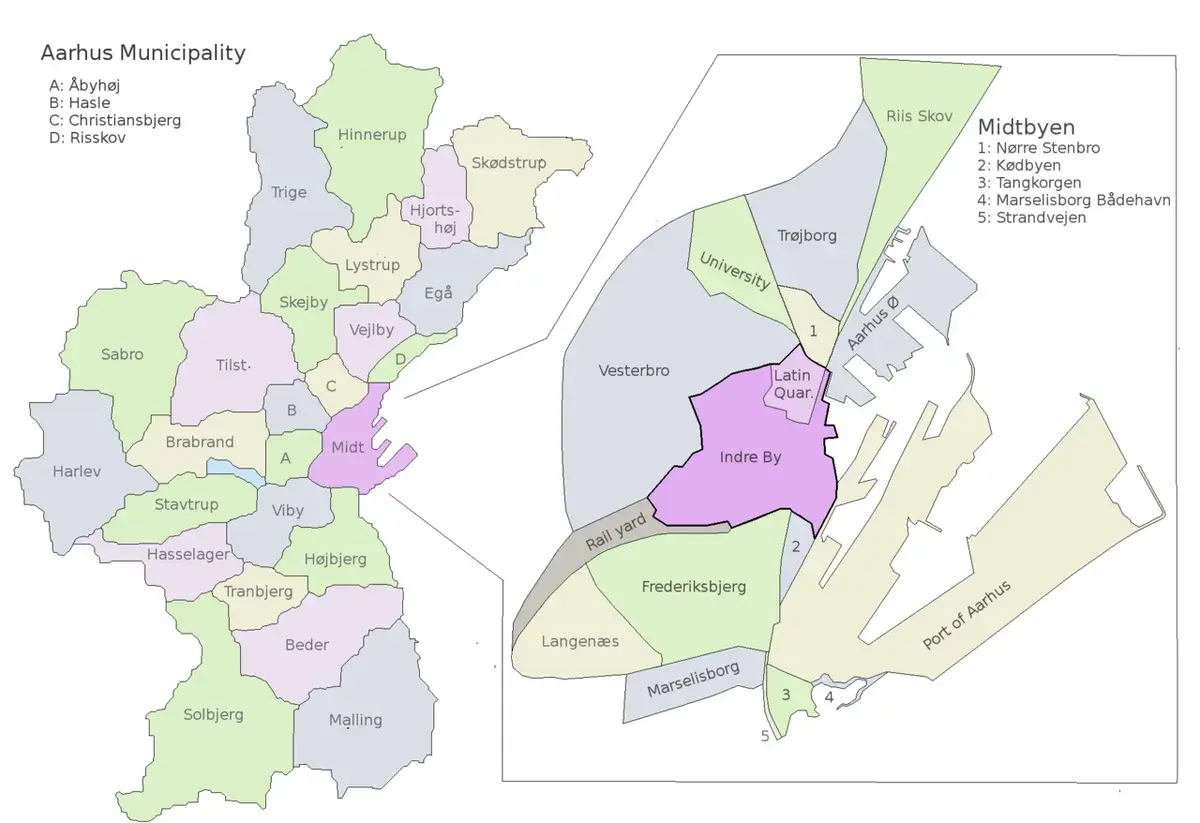 Map of Aarhus Municipality with a detailed inset of the city center.