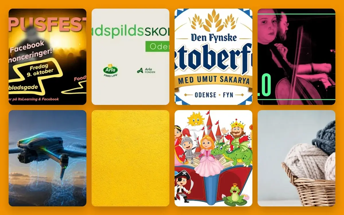 A collage of posters, logos, a musician, a drone, and illustrations.