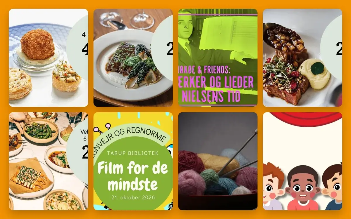A collage of food photos, posters, yarn, and cartoon children.